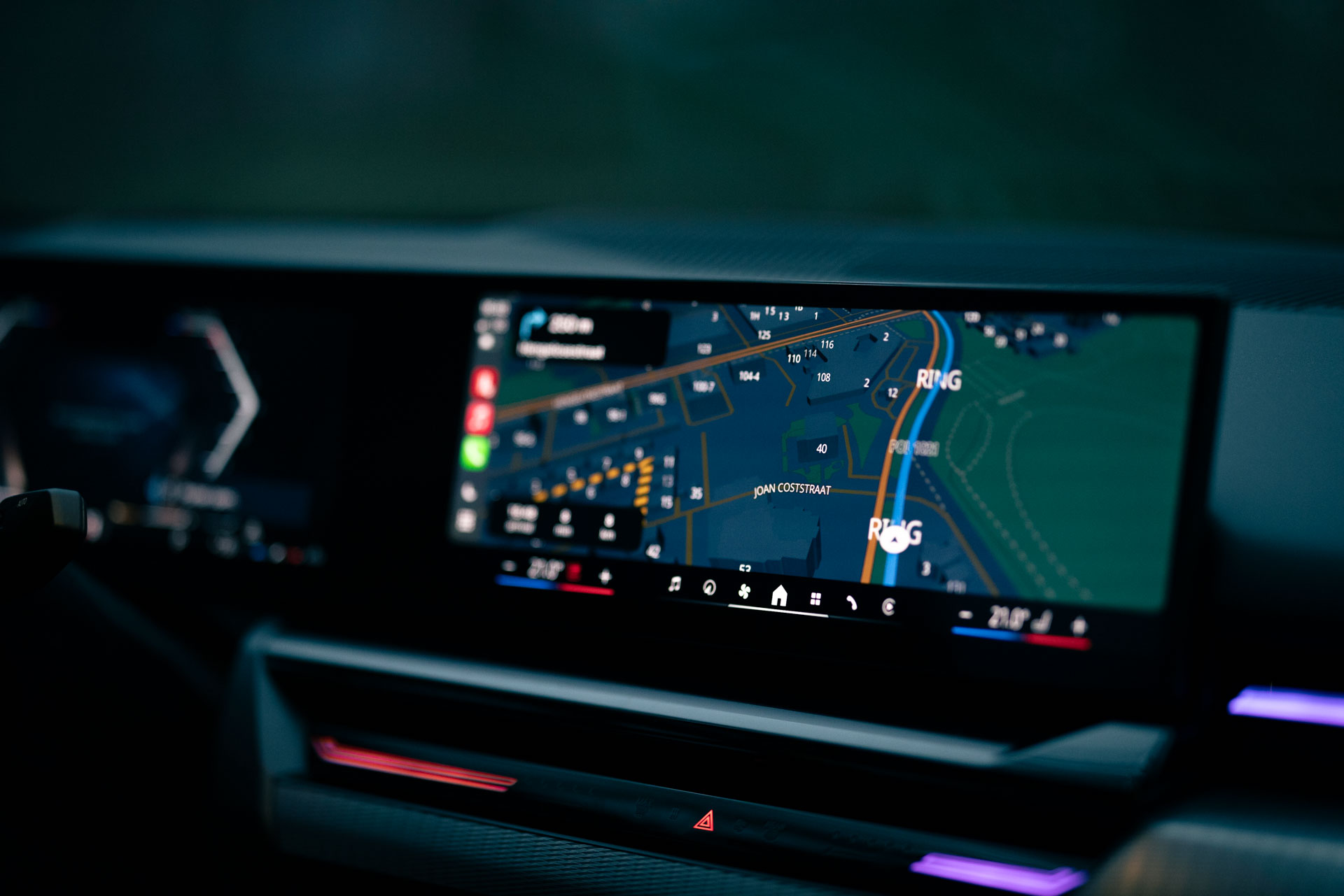 LIVENAV route guidance on the CarPlay display of an emergency vehicle at night