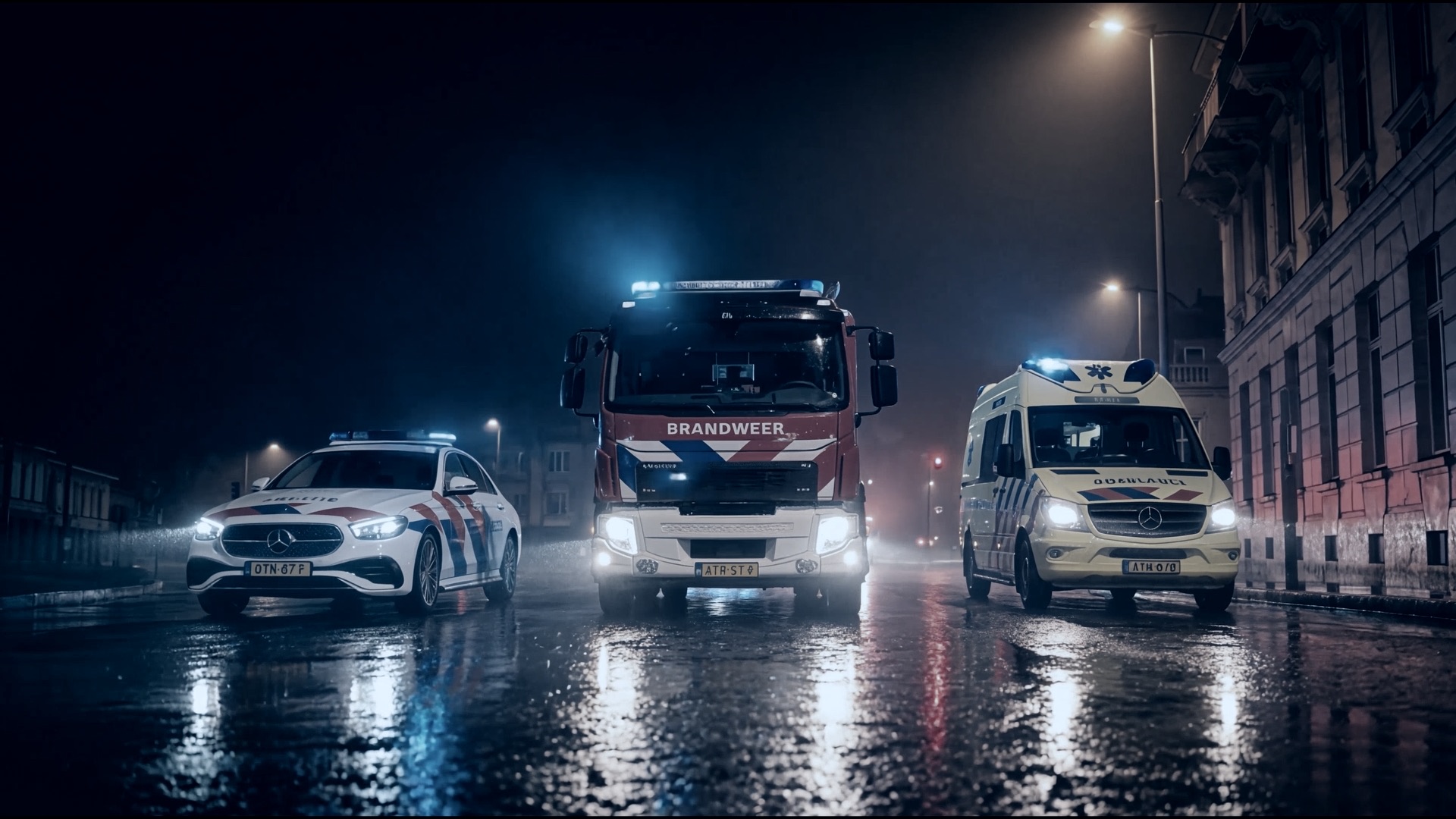 A police car, a fire engine and an ambulance side by side on a rain-wet street at night, emergency lights on