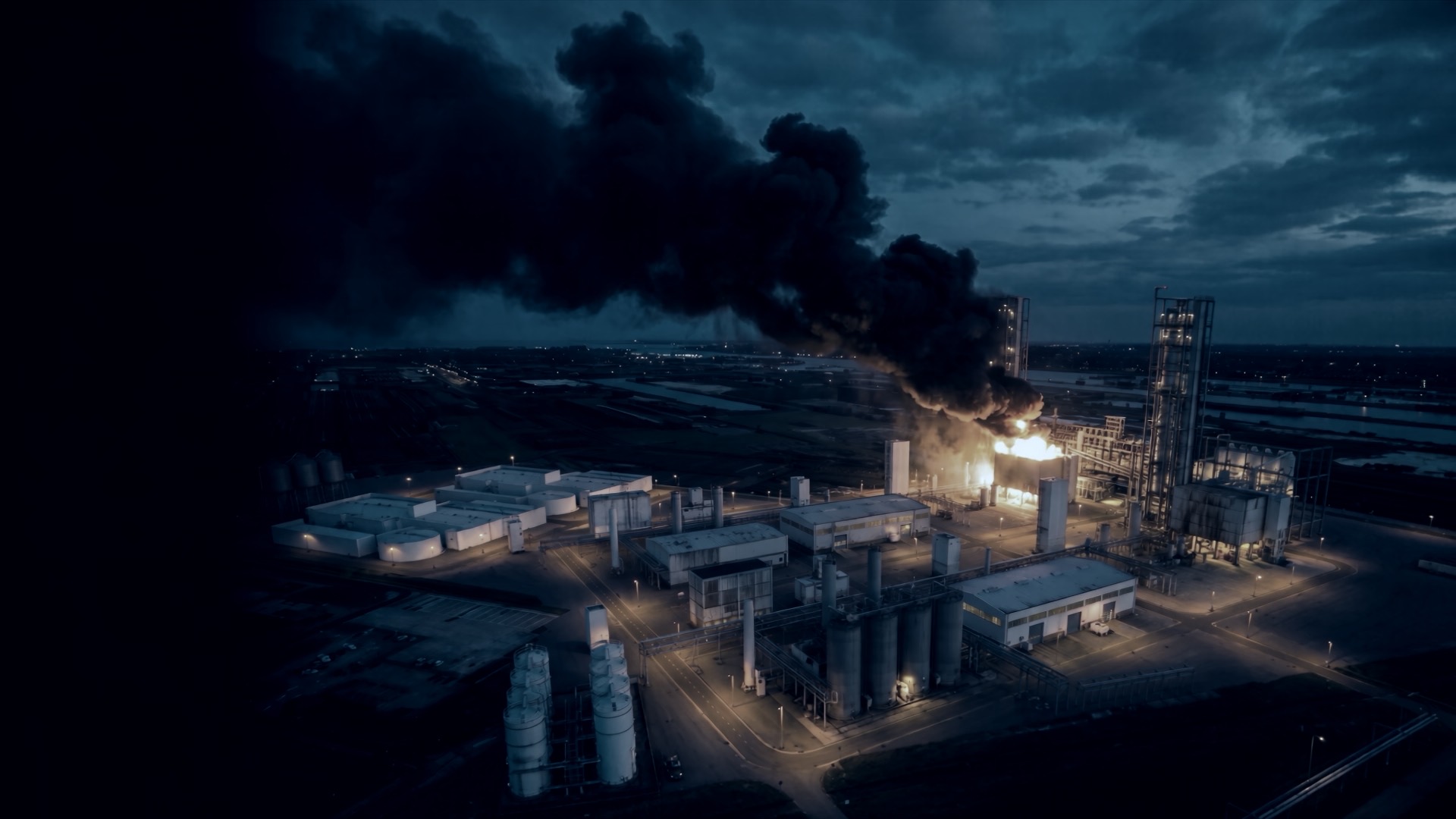 Aerial view of a chemical plant at dusk with a fire and a dense smoke plume drifting over the surrounding area