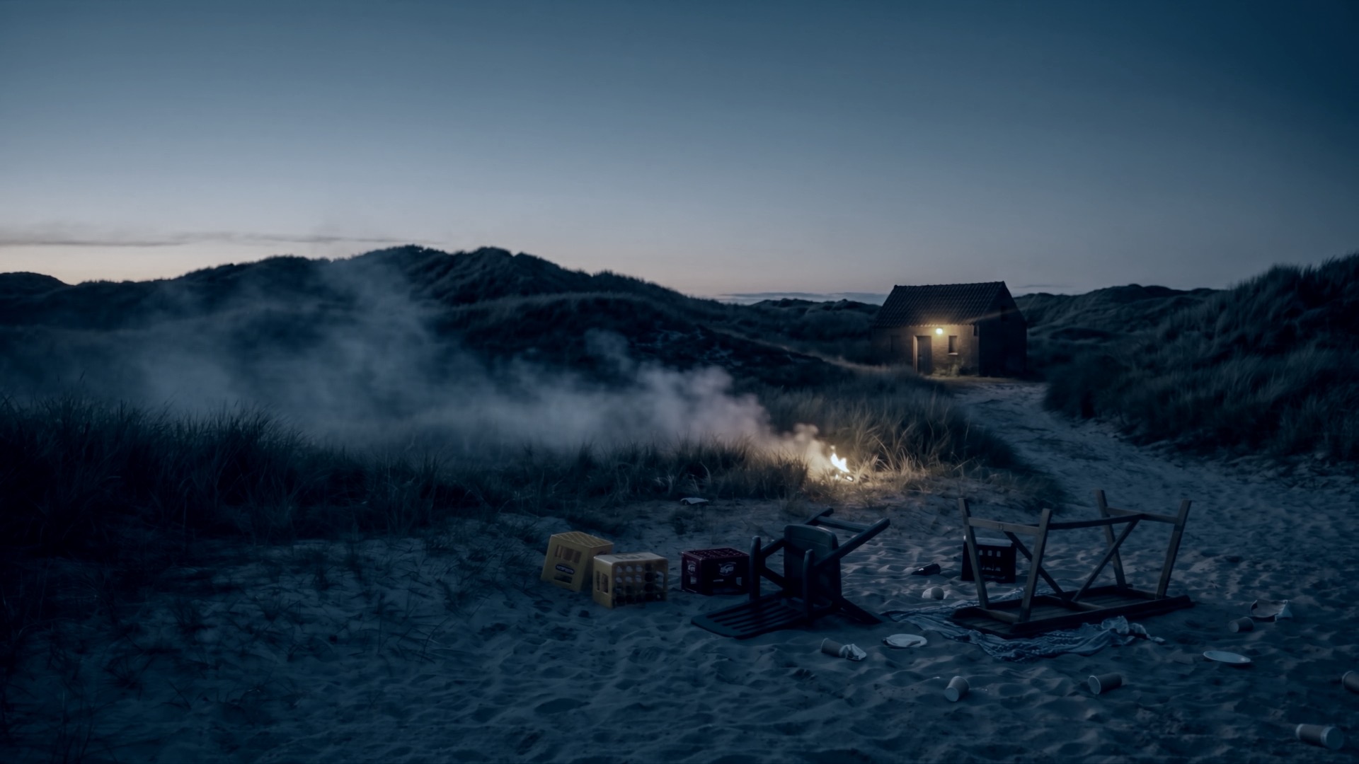 An exercise scene in the dunes at dusk: overturned chairs and crates on a sandy path, a small fire sending smoke across the grass, and a lit beach cabin behind