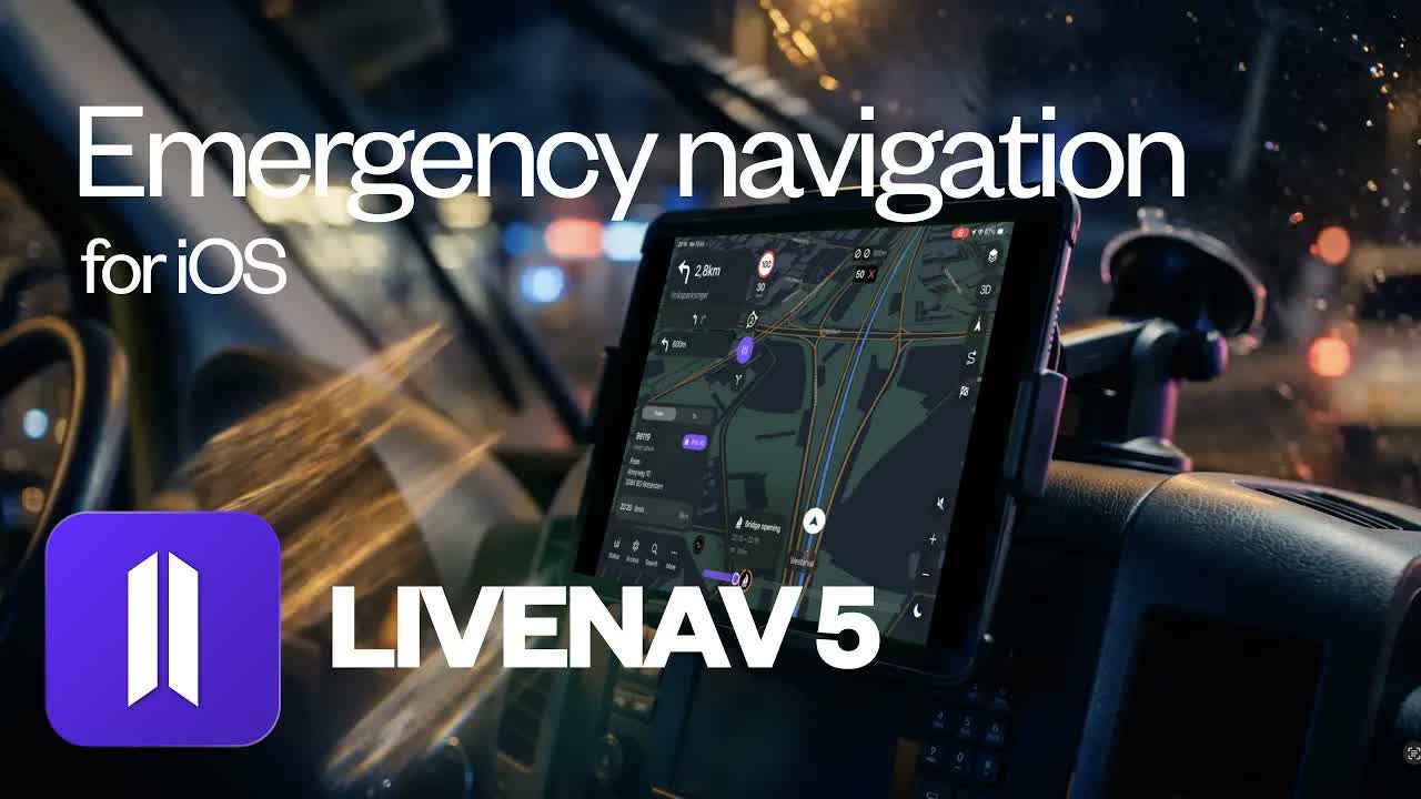 LIVENAV 5, emergency navigation for iOS, on an iPad mounted in an emergency vehicle at night