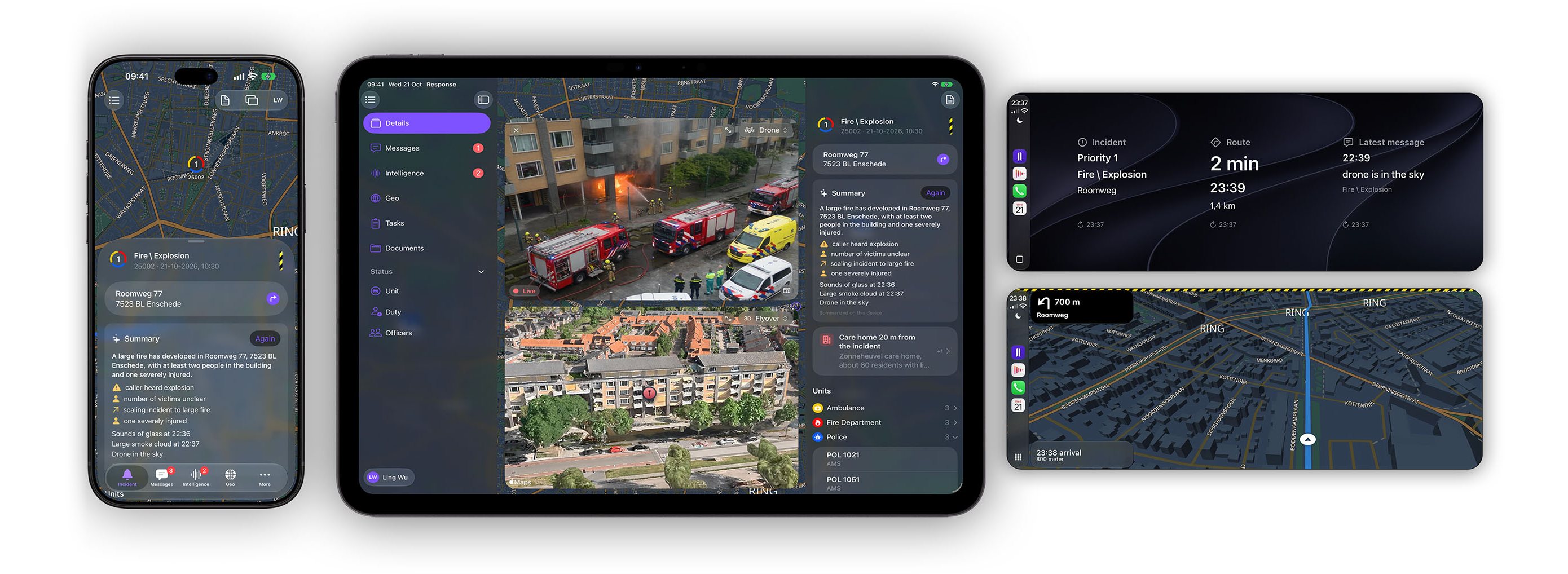 LIVEOP on iPhone and iPad showing the same live incident, and LIVENAV on a vehicle display through Apple CarPlay