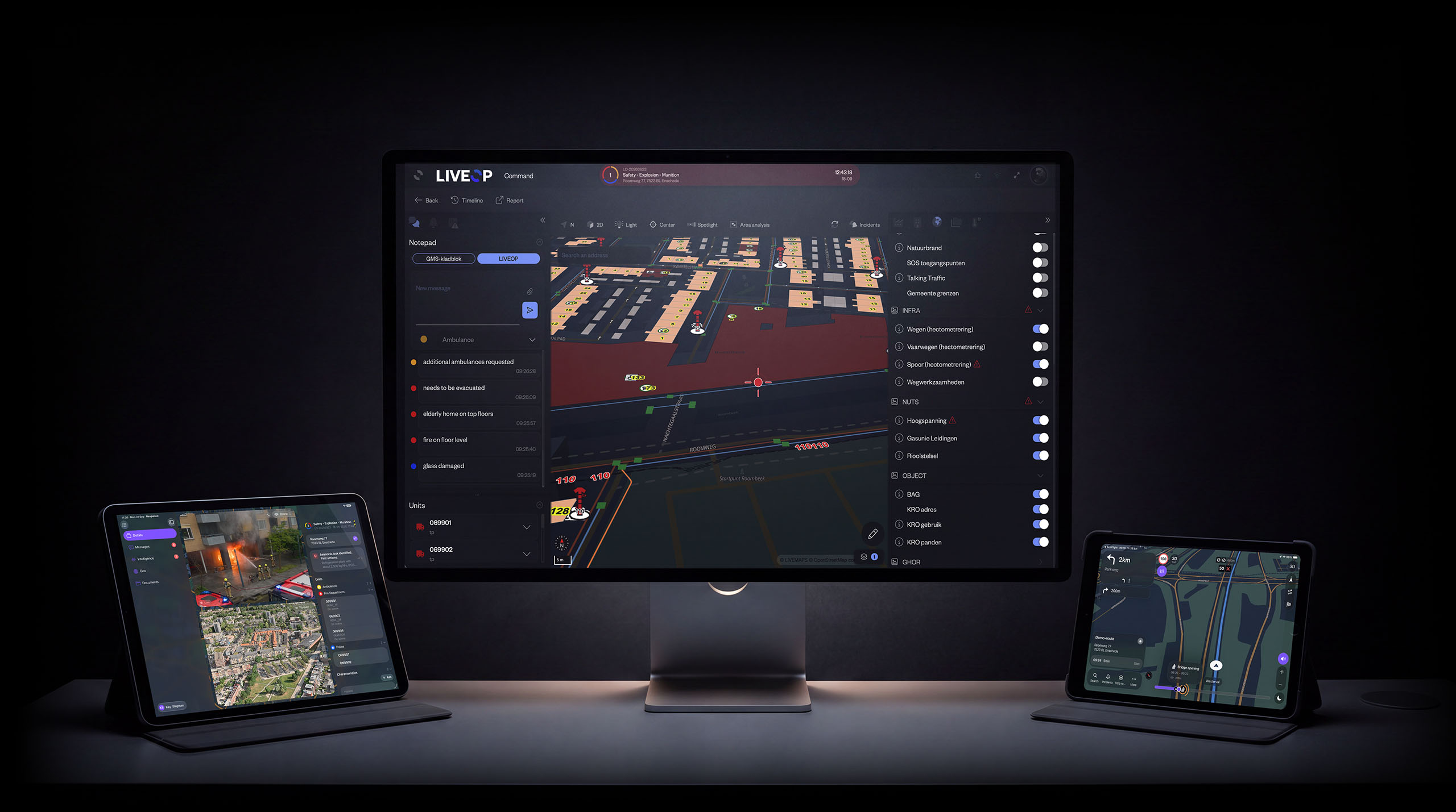 LIVECOMMAND on a desktop display, with LIVEOP Response and LIVENAV on two iPads