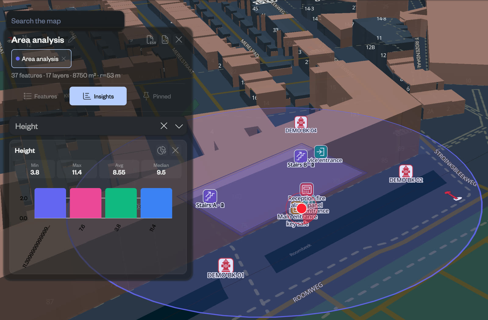 LIVECOMMAND area analysis: a drawn area around the incident on the 3D map, with 37 features across 17 layers and building height insights