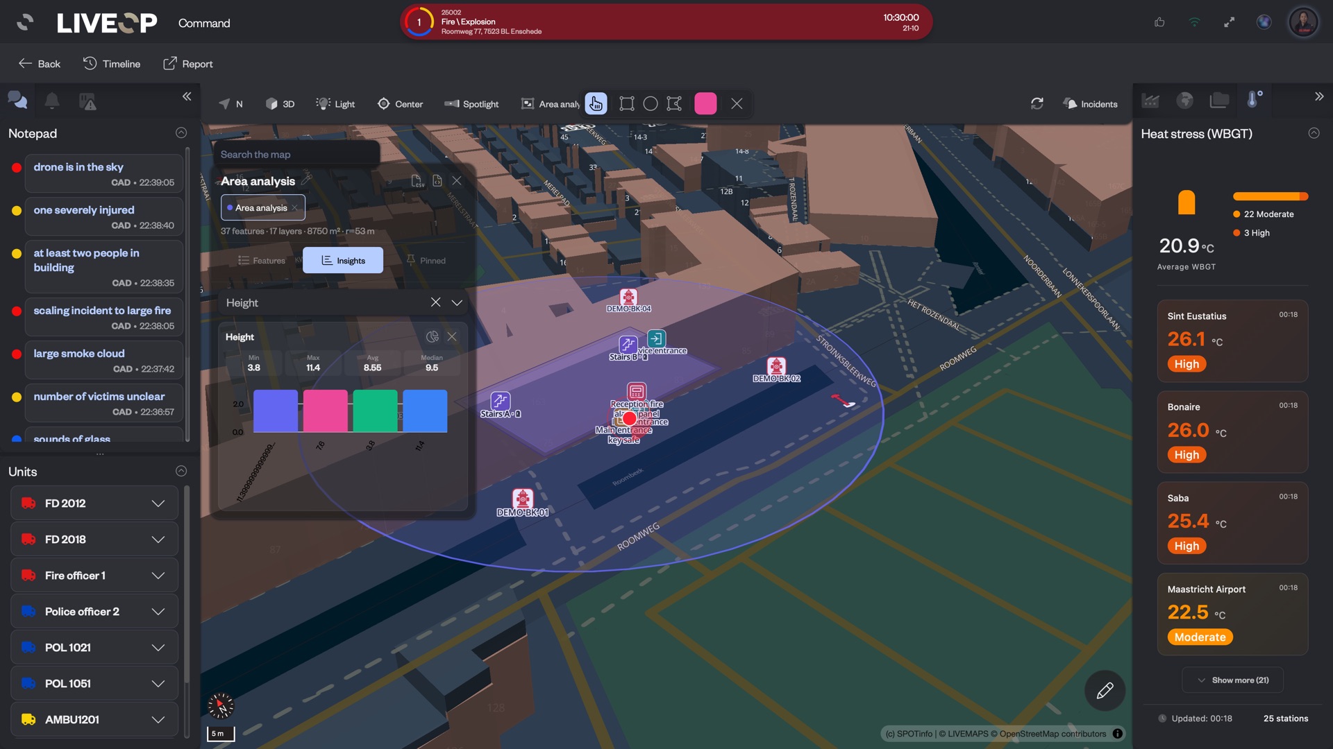 LIVECOMMAND on a live fire incident: area analysis on the 3D map, the incident notepad, units on the incident and heat stress per weather station