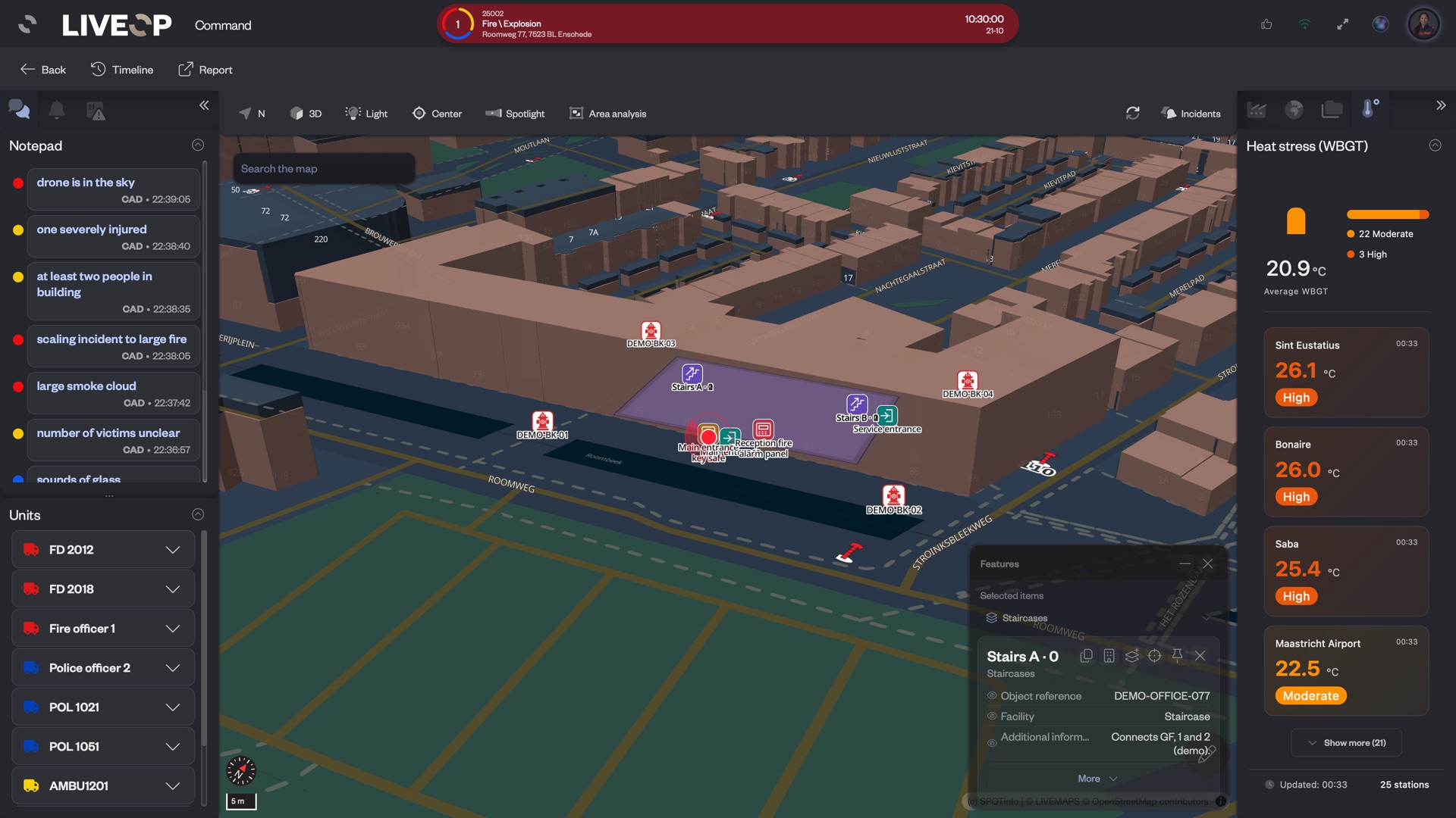 LIVECOMMAND on a live fire incident: the 3D map with building details and staircases, the incident notepad, units and heat stress per weather station