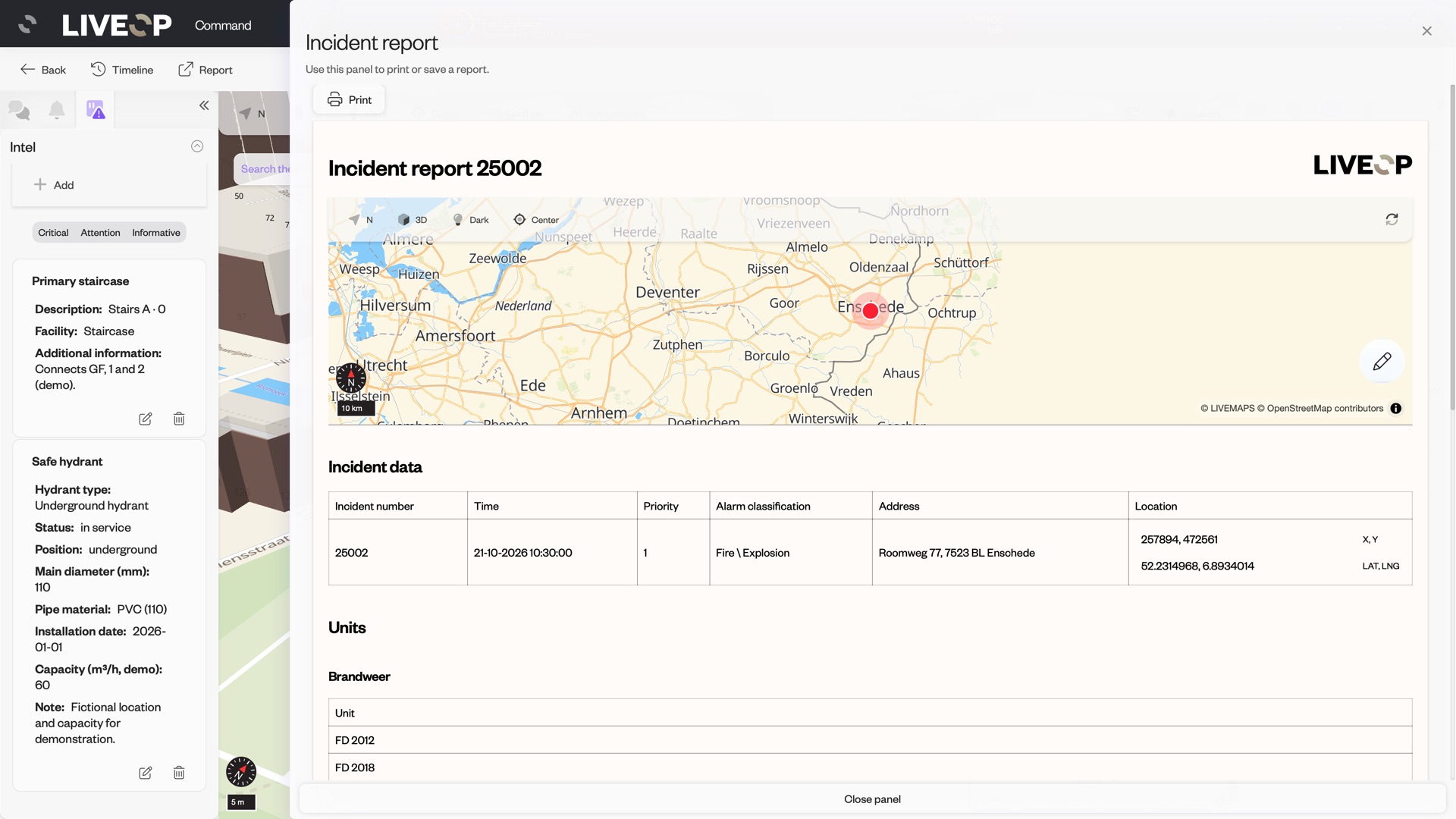 LIVECOMMAND incident report, ready to print or save: incident map, incident data and the units deployed