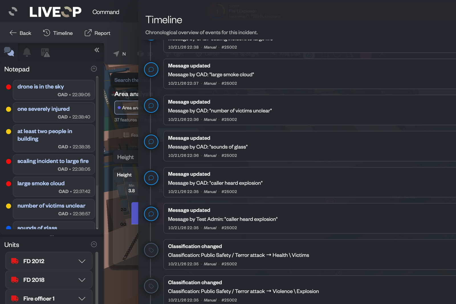 LIVECOMMAND incident timeline beside the notepad and units: every message, classification change and update on the incident in order