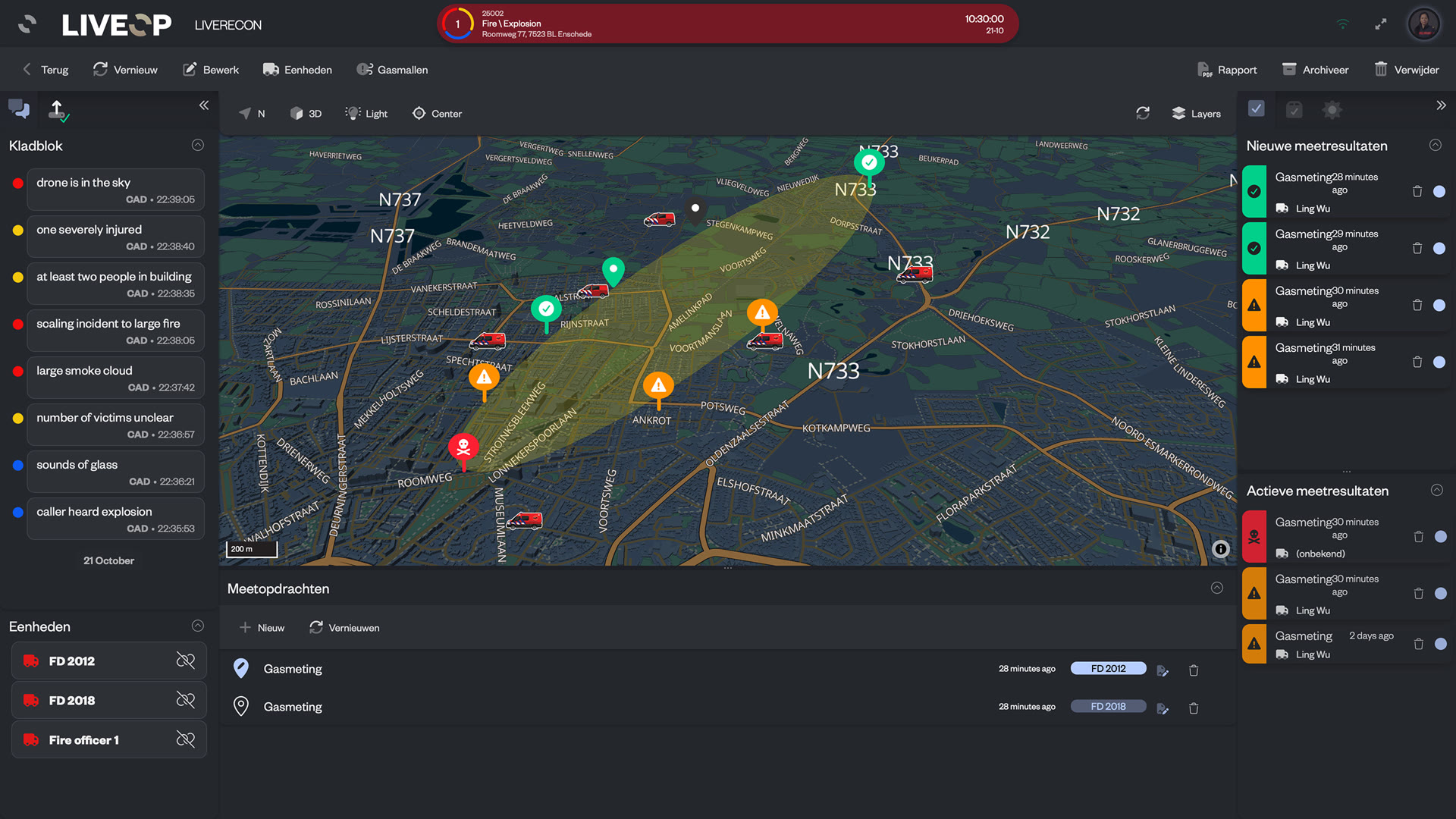 LIVERECON on a live incident: the effect area drifting from the incident location over the map, gas measurements with alarming and safe results, the measurement orders and the units involved