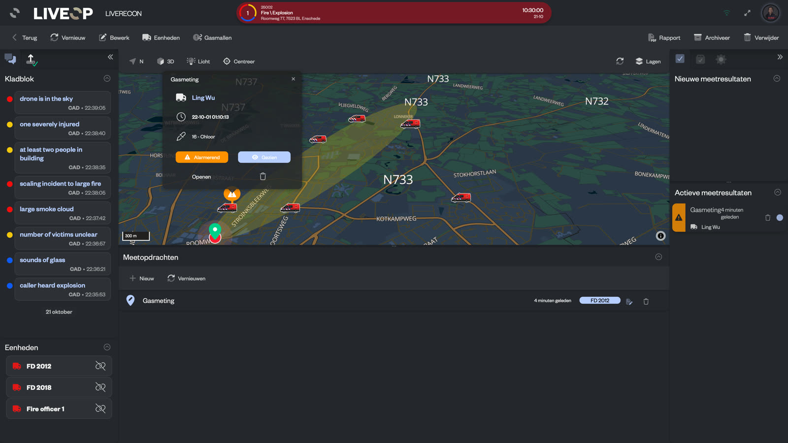 LIVERECON on a live incident: the effect area drifting from the incident location on the map, an alarming gas measurement, the measurement orders and the units involved