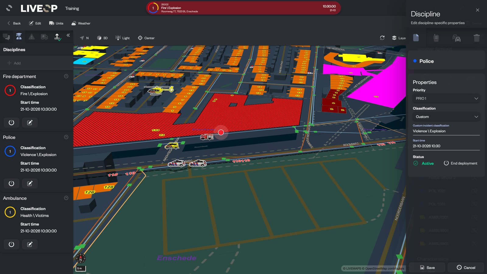 LIVETRAINING exercise incident: fire, police and ambulance each with their own classification, units and a helicopter on the 3D map, and the discipline settings