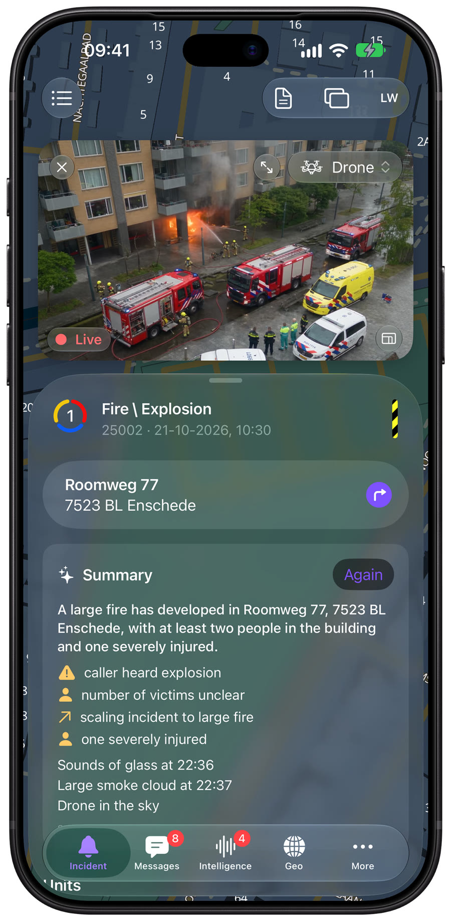LIVEOP Response on iPhone: live drone video of the fire above the incident summary, with the route to the address one tap away