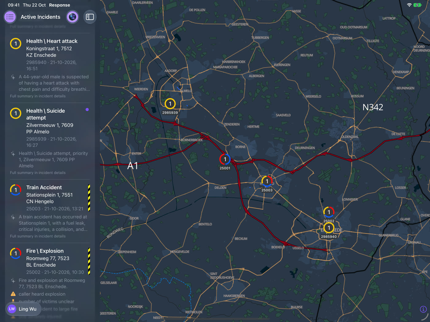 Chiefs on iPad: every active incident in the working area on the map, each with a live summary in the list beside it