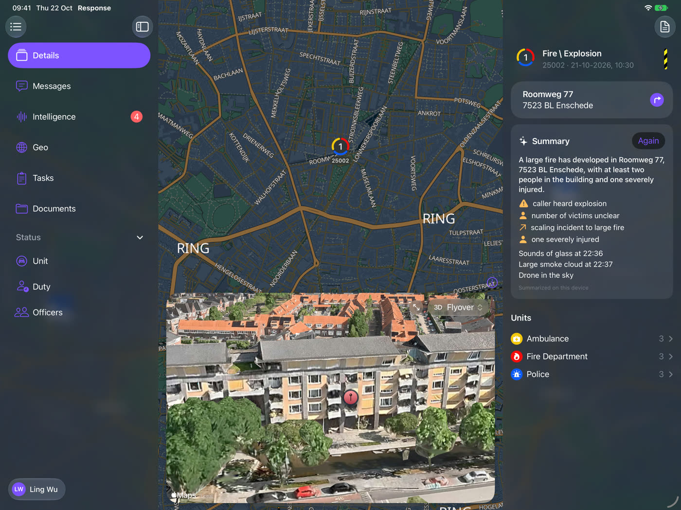 The control room view on iPad: the incident on the map with a 3D flyover of the building, the incident summary and the units per discipline