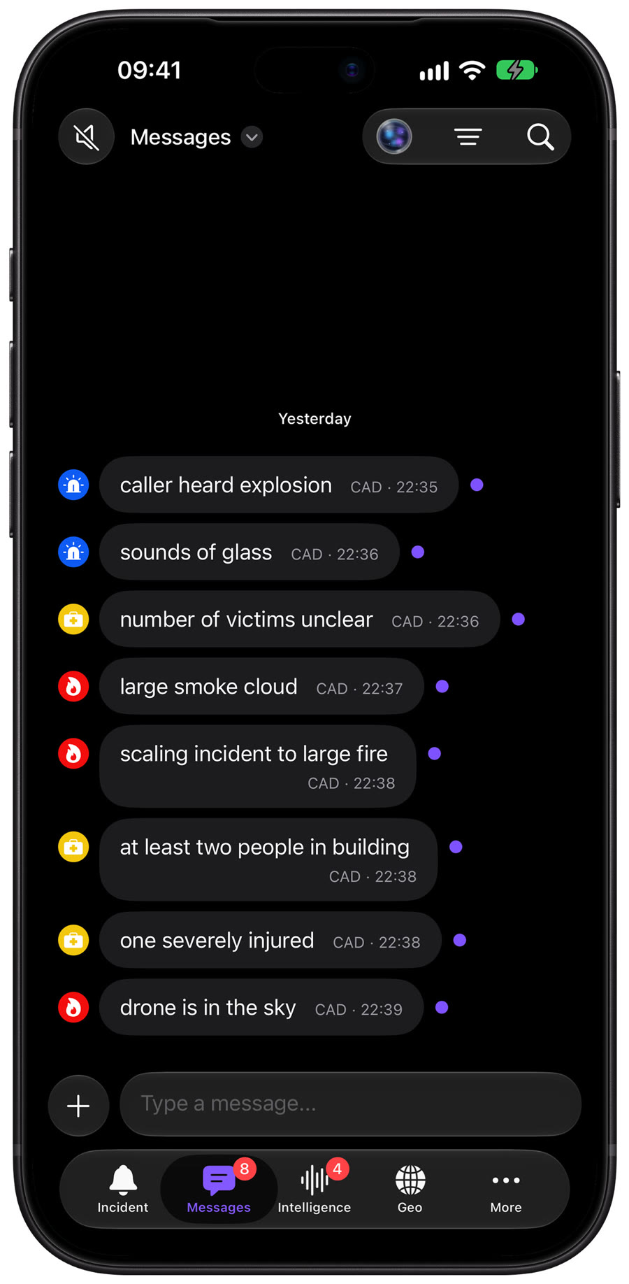 LIVEOP Response on iPhone: incident messages from the control room in order, each marked with its discipline