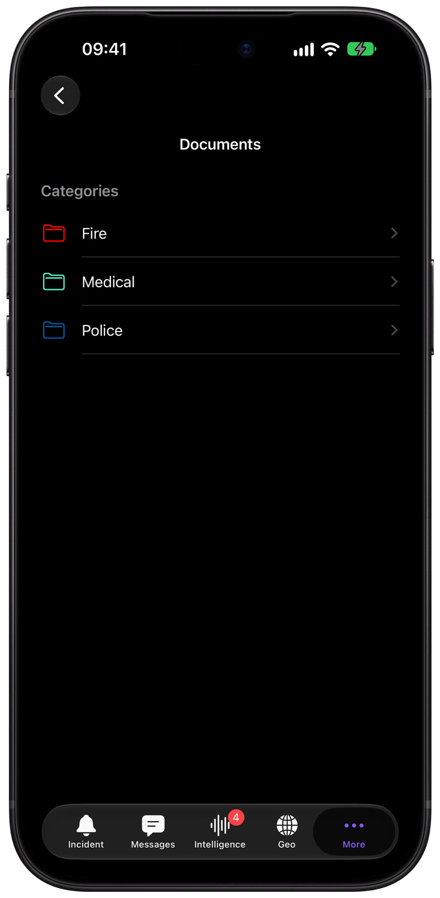 LIVEOP Response on iPhone: incident documents sorted into fire, medical and police, in a clean native iOS layout