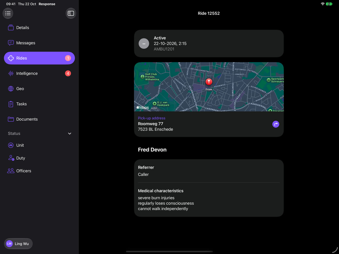 Medical response on iPad: the active ambulance ride with the pick-up address on the map, the patient and their medical characteristics
