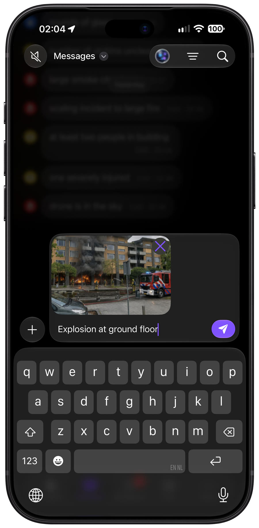 LIVEOP Response on iPhone: a field photo of the fire attached to a message, about to be sent into the incident