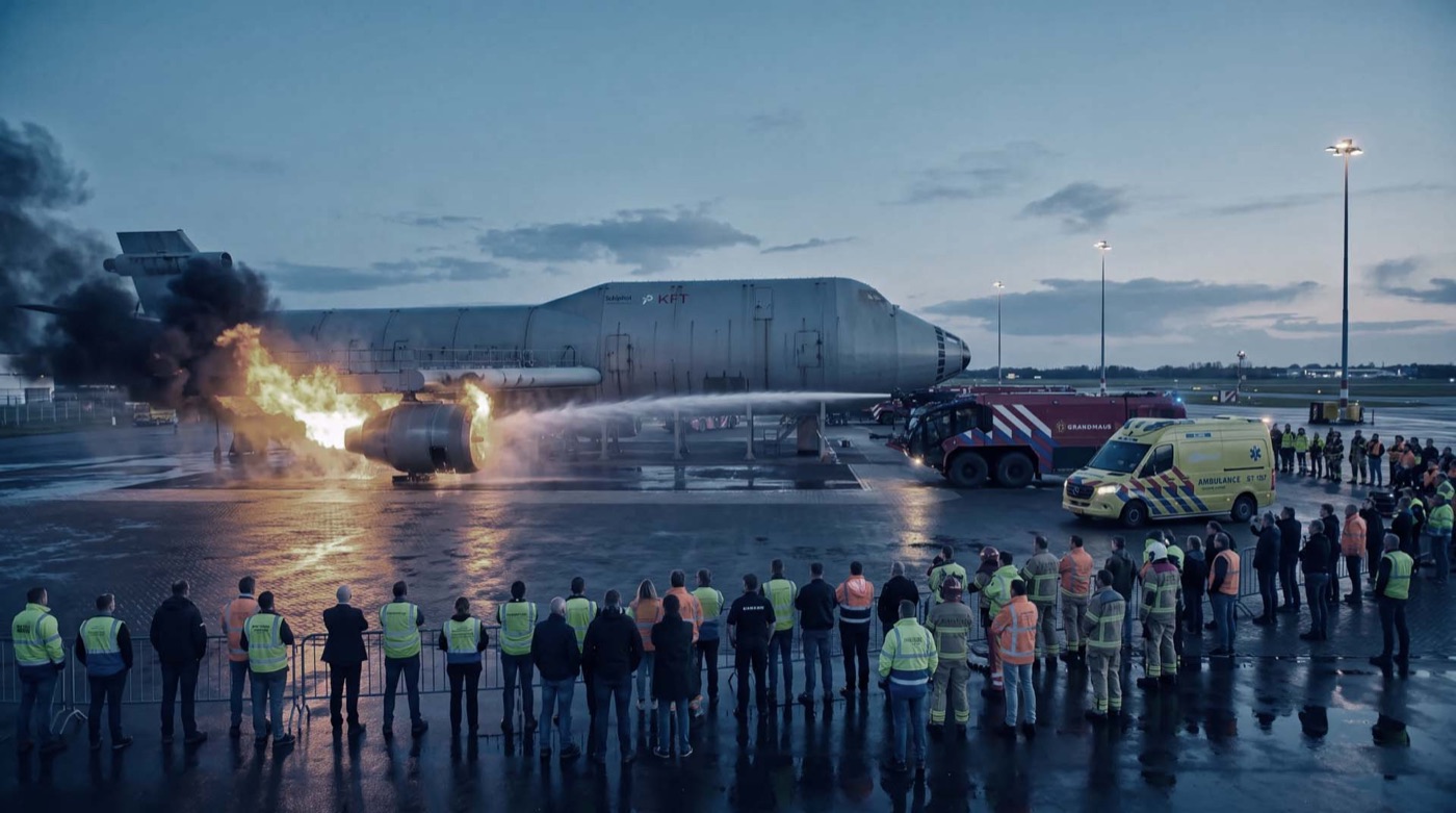 Airport crash tender and ambulance responding to an aircraft fire exercise on the apron at dusk