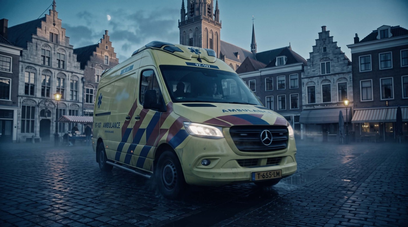 Ambulance crossing a historic town square at dusk