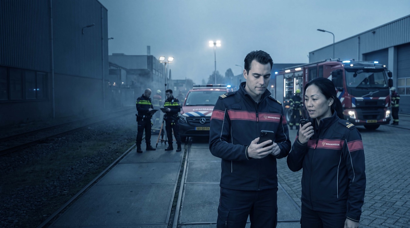 Two fire officers coordinating by phone and radio at an industrial incident, command vehicle and fire engine behind them