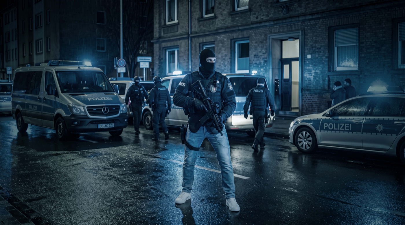 Police unit securing a rainy night operation, vans and patrol cars with blue lights along the street